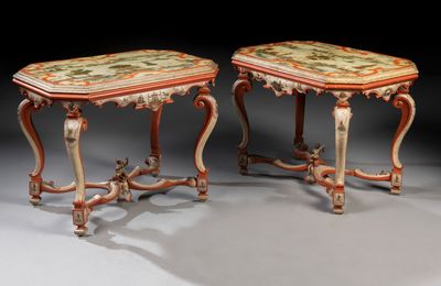 A pair of Italian polychrome-painted lacca povera console tables, Venice, mid-18th century