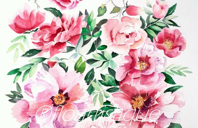 AQUARELLE PIVOINES ET ROSES