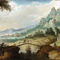 Claes Dircksz van der Heck  (1571-1648). An extensive mountainous Landscape with two Pilgrims. 