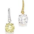 Pair of 18 Karat Two-Color Gold, Fancy Color Diamond and Diamond Earrings