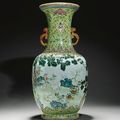 A fine and rare lime-green ground 'famille-rose' 'three rams' vase. Qing dynasty, Shende Tang Zhi mark, Daoguang period.