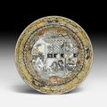 A grisaille, gold and silver plate richly decorated with European figures in a Chinese setting, China, 18th century
