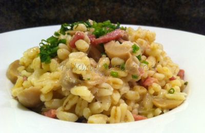 Risotto d'Ebly aux lardons, oignons et champignons