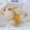 Doudou Peluche Lapin Couché Ecru Pull Jaune Fleur Musical Nicotoy