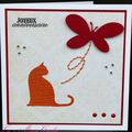 Carte d'anniversaire avec chat, papillon et touche de broderie