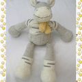 Doudou Peluche Zèbre Cheval Ane Girafe Gris Haut Blanc Echarpe Jaune Nicotoy