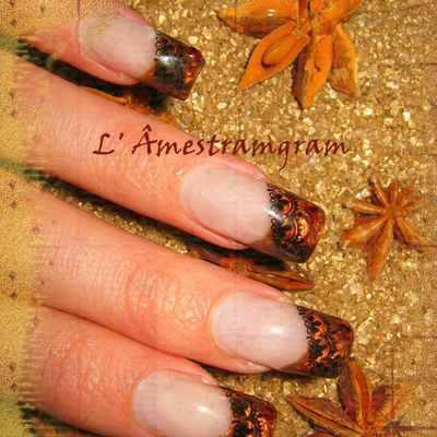  Pose chablon sur moi Gel NSI French brune DOBI déco konad et strass rouge carré.