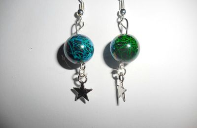 perle acrylique tréfilé bleu et vert, breloque étoile et attaches argentées