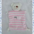 Doudou Peluche Plat Ours Rayures Rose Blanc Noeuds Ikks