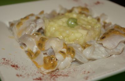 Carpaccio acidulé de daurade aux agrumes, rougail mangue verte