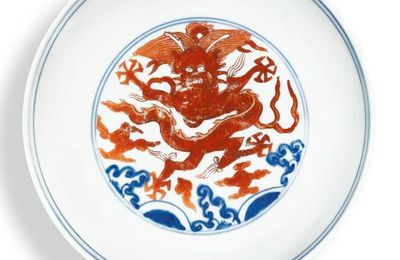 An iron-red and underglaze-blue ‘dragon’ dish, Mark and period of Wanli (1573-1619)