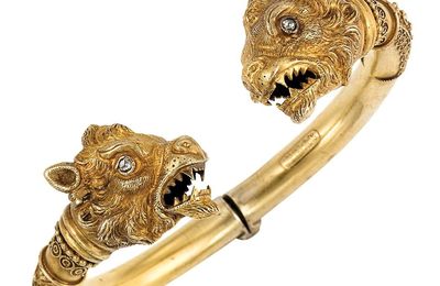 Antique Gold and Diamond Gargoyle Bangle Bracelet