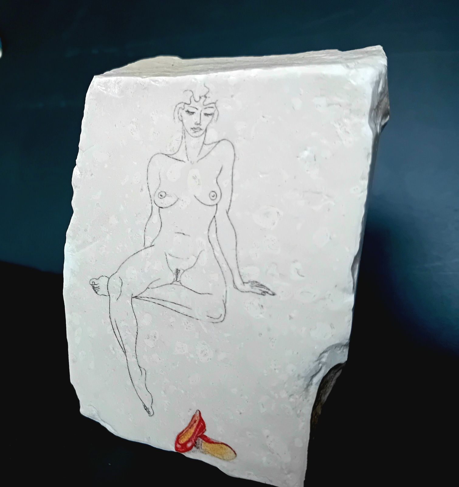 Reproduction d'une œuvre d'art sur pierre calcaire. Dessin. Nu féminin. 