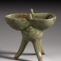 An unusual Longquan celadon tripod vessel, jue. Ming dynasty