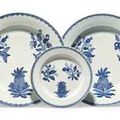 Three Chinese Export blue and white botanical dishes. Mid-18th century