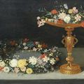 Workshop of Jan Brueghel the Younger, Carnations, jasmine and roses in a gilt tazza with a garland of flowers on a table-top 