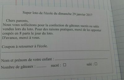 Vente de gâteaux au super loto du dimanche 29/01/2017