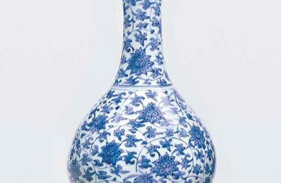 A Ming blue and white pear-shaped bottle vase, Circa 1500