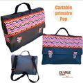 Cartable primaire original pop cuir synhtétique gris et bande zig zag coloré - clips - bandoulière réglable