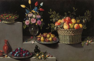 Juan van der Hamen y León, Peaches, pears, plums, peas and cherries in wicker baskets, figs, plums and cherries on pewter plat