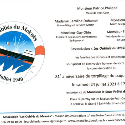 81e ANNIVERSAIRE DU TORPILLAGE DU PAQUEBOT MEKNES
