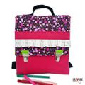 Cartable maternelle original Girly fille rose rabat fleurs liberty et froufrou pois fermoirs clips tirettes verte