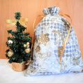 Noël Anti-Gaspi Sac à Cadeaux en Tissu Doré et Argenté Flocons Etoiles