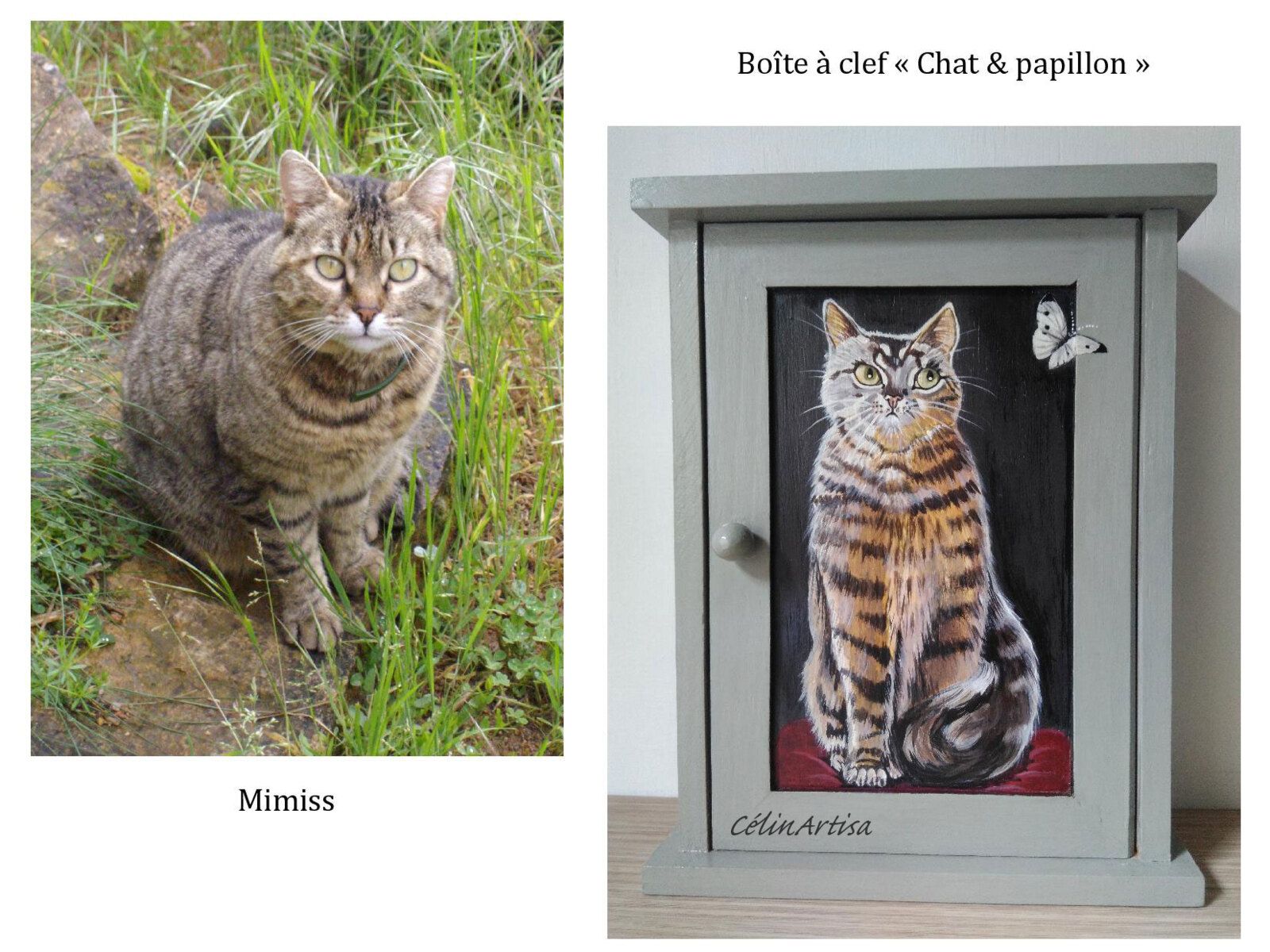 acrylique sur boîte à clef - chat & papillon 