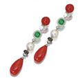 Pair of coral, emerald, cultured pearl and diamond earclips, Michele della Valle