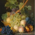 Jan Frans Van Dael (Antwerp 1764 - 1840 Pais), A still life with grapes and peaches in a basket, an open pomegranate, plums, ...