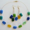 parure boucles et ras du cou rectangles bleus et verts