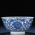 A fine blue and white 'lotus' bowl, Kangxi six-character mark within double-circles and of the period (1662-1722)