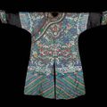 A blue-ground robe with five spherical, blue bead buttons. Qing Dynasty or later