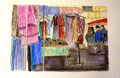 Autour de Noël, le marché de Goderville (dép76), aquarelle et encre acrylique à la plume