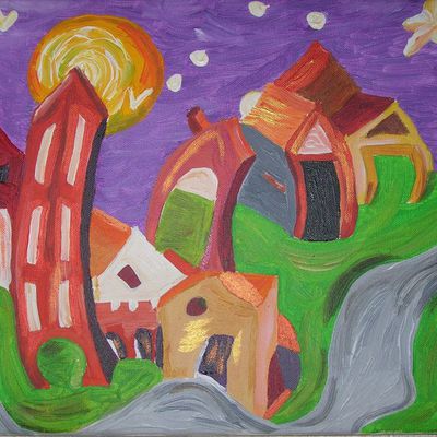 toile "maisons folles" à la peinture acrylique