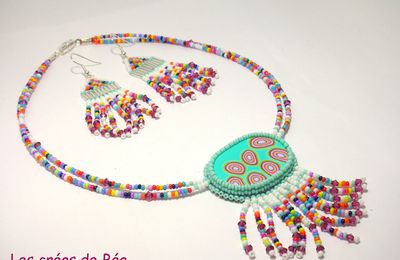 Collier indien et boucles d'oreilles ...en Fimo et rocailles tissées