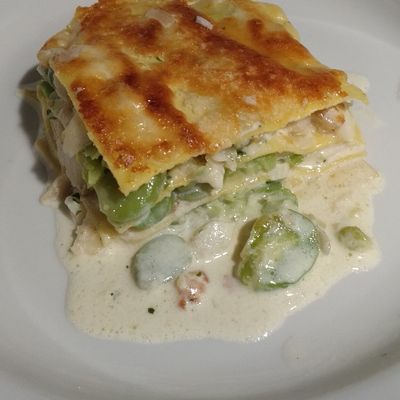 Lasagnes au cabillaud, fèves et crème