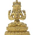 A rare gilt-copper figure of Avalokiteshvara Chaturbhuja, Nepal, 14th-15th century