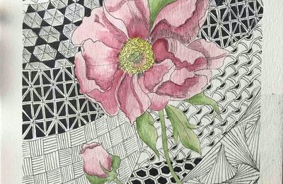 Fleurs en Aquarelle sur fond Zentangle