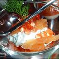 Verrine de tzaziki "maison", saumon, perles de pamplemousse Monin