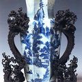 Double lozenge form blue and white vase with sculpted bronze and crystal handles. China. Late 18th century