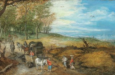 Jan Brueghel II (Antwerp 1601-1678), Travelers with carts and a wagon on a country road, a city beyond