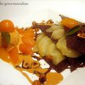 Feuillantine de chocolat à la poire et aux kumquats, glace au caramel