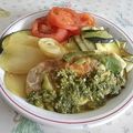 Tajine de cabillaud aux tomates, courgettes et pommes de terre à la charmoula