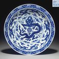 A rare large imperial blue and white 'dragon' dish, Qianlong seal mark in underglaze blue and of the period (1736-1795)