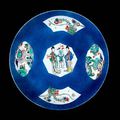 Five famille verte powder-blue-ground saucer dishes Kangxi