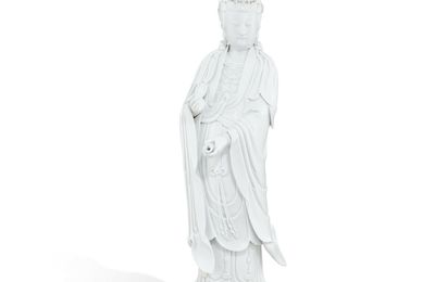 A large blanc-de-Chine white-glazed standing figure of Guanyin, Qing dynasty, 18th century