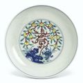 A small doucai 'Shou' dish, Qianlong seal mark and period (1736-1795)