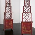 A pair of scarlet and gilt-japanned etageres by Susan Huggins, New York, 1998 