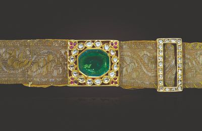 An antique emerald, diamond, ruby and silk belt, early 20th century